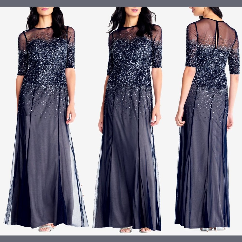 NEW Adrianna Papell Beaded Illusion Bodice Mesh Gown in Navy [Petite SZ 4P‎ ]